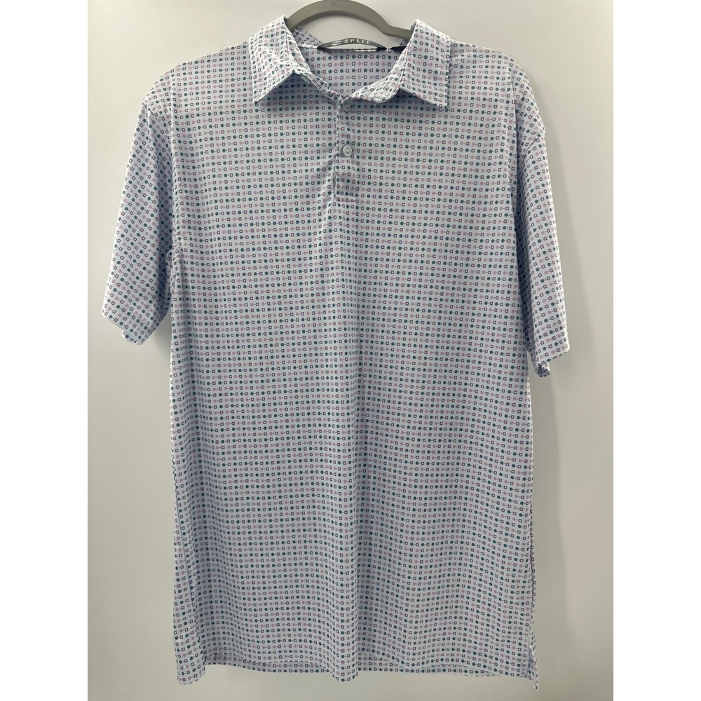 Split Mens Geometric Print Polo Shirt Large Pink Blue Performance Golf Short Slv